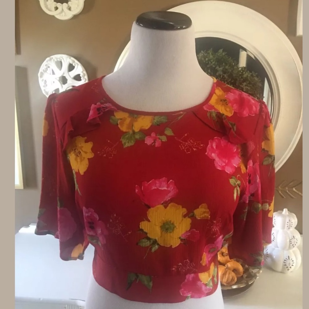 Bleuh Ciel Womens Open Back Crop Top Red Floral